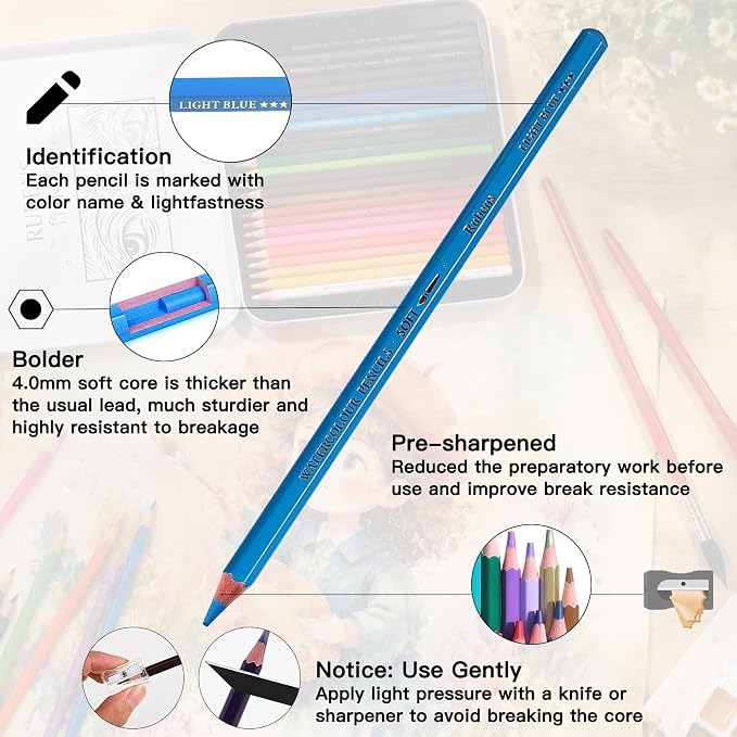 rubens Watercolor Pencils Sets, 48 Counts Soft Core Colored Pencils, Professional Artist Watercolor Pencils, Water Soluble Colors Pencils In A Metal Box for Adult Coloring, Drawing, Sketching