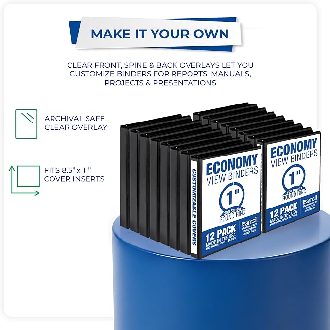 Samsill 1 Inch 3 Ring Binders, Economy Round Ring, Clear View Cover, 200 Sheet Capacity - for School, Home, Office - Black, 12 Pack