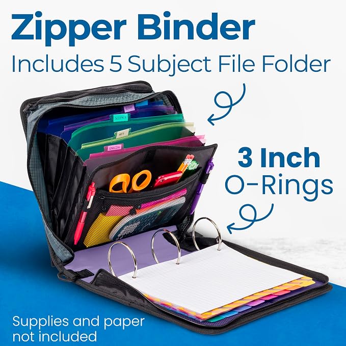 Case-it Mighty Zip Tab School Zipper Binder | 3-Inch O-Rings, 600-Sheet Capacity, 5-Subject Expanding File Folder, Multiple Pockets & Storage Organizer, Shoulder Strap | D-146 Lavender (Pack of 6)