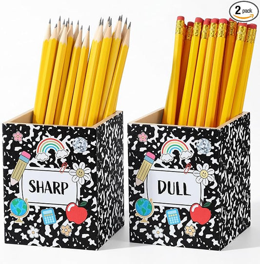 DoubleFill 2 Pcs Notebook Shaped Holder Sharp Dull Holder Wooden Dispenser Pencil Storage with Classic Composition Notebook Design for Back to School Teachers Classroom Organization Accessories