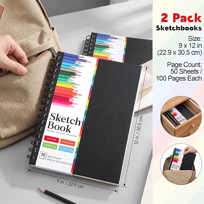 9" x 12" Sketch Book, 2-Pack 50 Sheets Top-Spiral Bound Sketchbook Drawing Pad, 100gsm Perforated Pages Art Supplies for Beginner Artists Students Drawing Painting Sketching