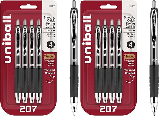 Uni-Ball 207 Retractable Gel Pens,Medium Point (0.7mm),Black,4 Count (Pack of 2)