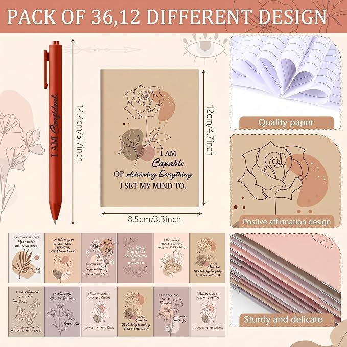 Mooliwe 72 Pcs Positive Affirmation Gift Set Gratitude Notebooks with Pens Small Bags Motivational Encouragement Notepads Daily Affirmations Journal for Women Stress Relief Self Care (Elegant)