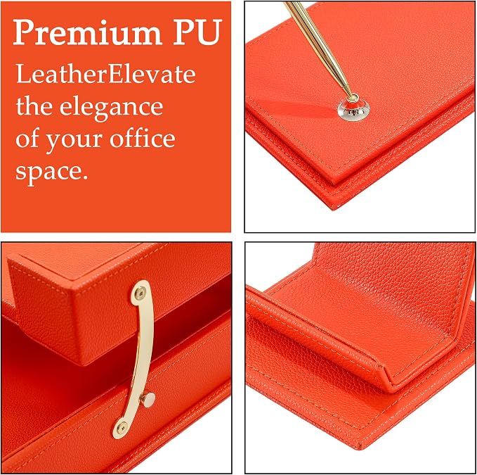 Luxury Executive Leather Desk Organizer Set –13-Piece Office Desk Accessories with Desk Pad, Letter Tray, Phone Stand, Pen Holder & Coasters – Professional Office Desk Decor & Gift (Orange)