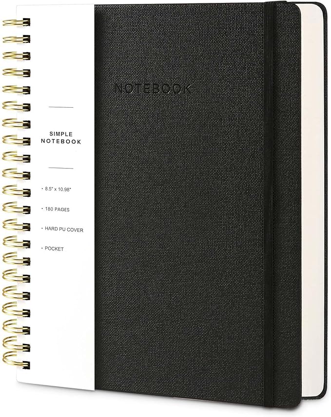 Spiral Notebook - 8.5 x 10.98 Inch Large Hard Cover Notebook with Elastic Band & Pocket, 180 Pages, Lay Flat Wirebound Journal for Work, School, Planning & Note Taking Black