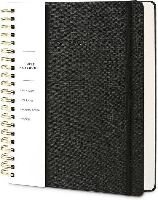 Spiral Notebook - 8.5 x 10.98 Inch Large Hard Cover Notebook with Elastic Band & Pocket, 180 Pages, Lay Flat Wirebound Journal for Work, School, Planning & Note Taking Black