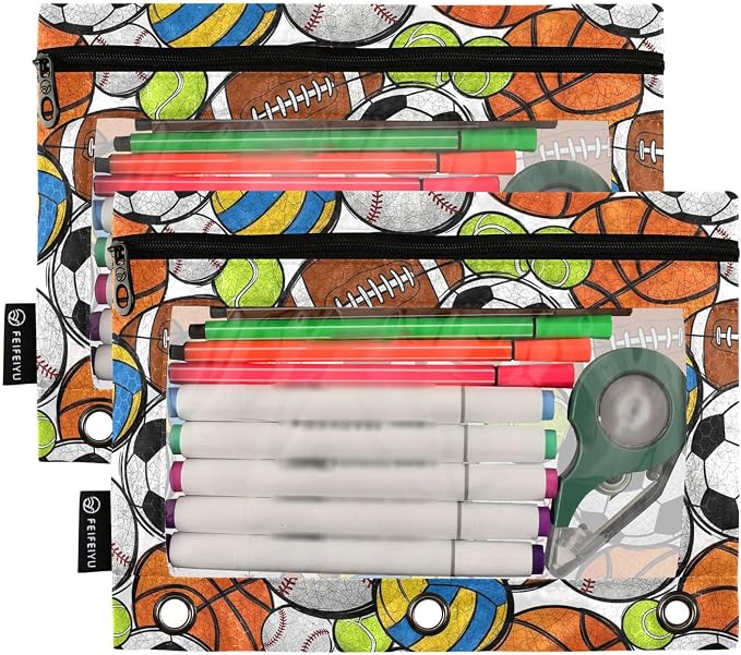Gredecor Binder Pencil Pouch 3 Ring Sport Balls Colorful Zipper Pencil Pouches Case 2 Pack Clear Binder Organizer for School Office
