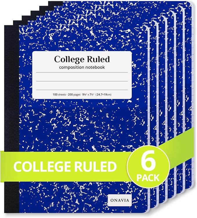 ONAVIA Composition Notebook College Ruled 6 Pack, 200 Pages, Marble Blue | 100 ct, 9.75 x 7.5 in, Durable Comp Book, School Notebooks, Students, Note Taking, Writing, Teachers