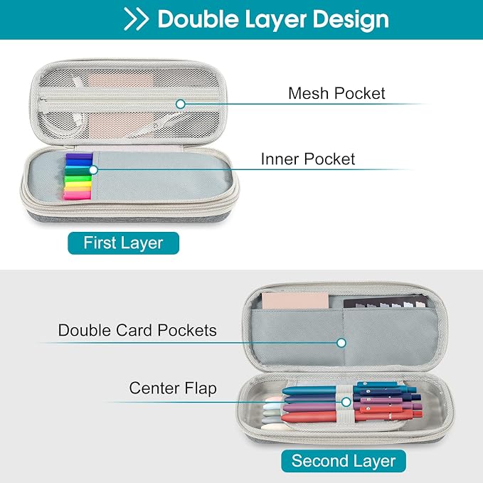 ProCase 2-Layer Hard Pencil Case, Large Capacity Storage Box Pouch, Grey | Stationery Holder Organizer with Zipper Fits Pens Desk Office & School Supplies