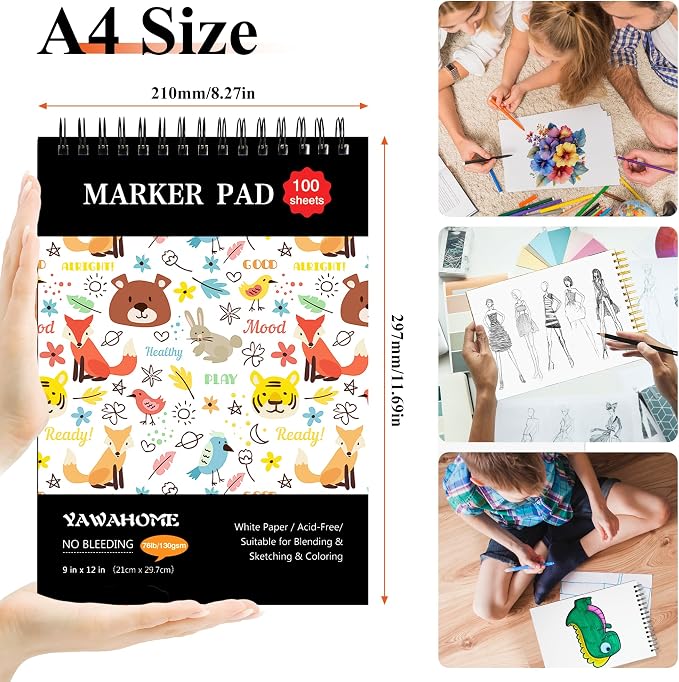 Marker Pad Sketch Book - 100 Sheets Drawing Pad Mixed Media Paper 130GSM Bleedproof Spiral-Bound Art Sketchbook for Alcohol Markers, Watercolor, Pencil & Ink Pens,Sketchpad Kids & Adults Gift | Smooth Mixed-media Surface for Alcohol Markers, Pencil, In...