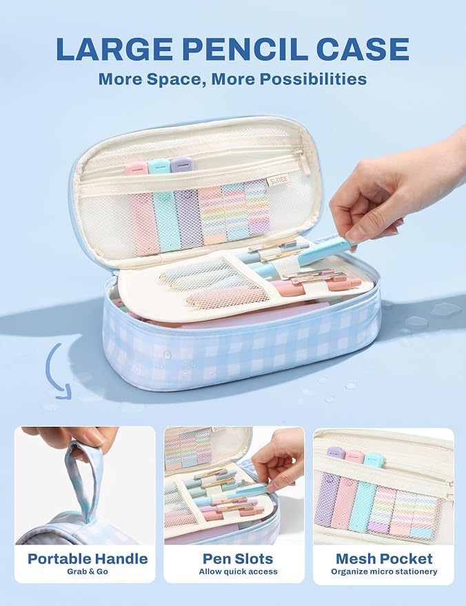 SUNEE 35PCS Aesthetic Stationery Set with Cute Pencil Case, Pastel Highlighters, Black Gel Pens, Mechanical Pencils & Refills, College School Supplies for Students Girls Blue Checkered