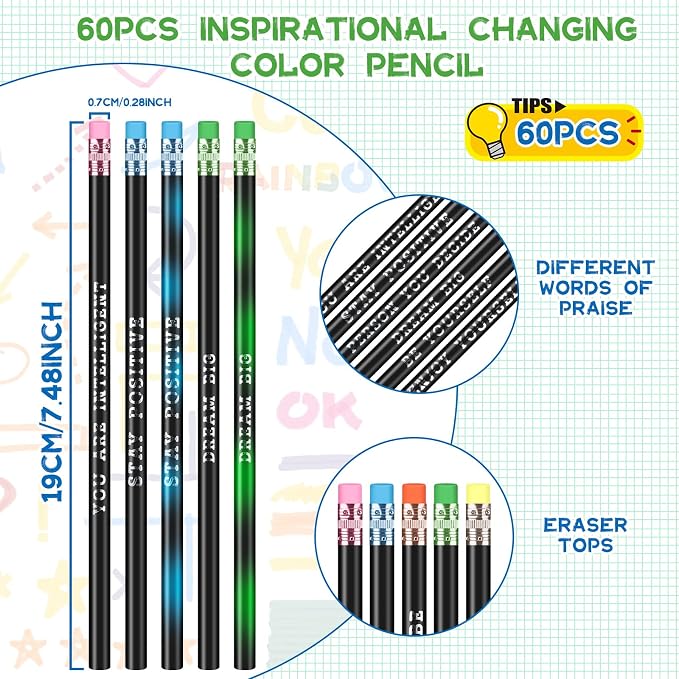 Gersoniel 60 Pcs Personalized Pencils with Name Motivational Fun Pencils Inspirational for Student Color Changing Mood for Kid(Black,Fresh Style)