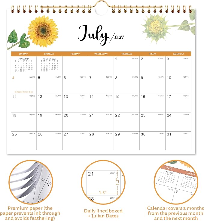 Calendar 2027 - Wall Calendar 2027, Jul. 2026 - Dec. 2027, 11" x 8.5", Small 18 Monthly Calendars 2027 with Thick Paper and Julian Date