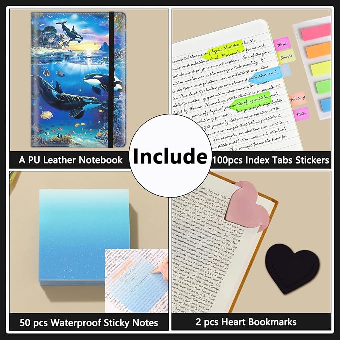 A5 Leather Lined Journal Notebook, 200 Pages Hardcover Executive Notebook for Men Women Office School Note Taking, Thick Writing Paper Daily Journal with Bookmarks/Indexes,Undersea Whale