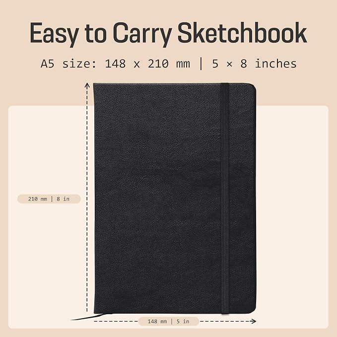 BROWNSTONE JOURNALS A5 Sketch Book Hardcover - 80 Sheets 100 GSM Paper 5"x8", Lay Flat, Vegan Leather Cover, Elastic Band, Back Pocket, Art Drawing Book (Charcoal Black)