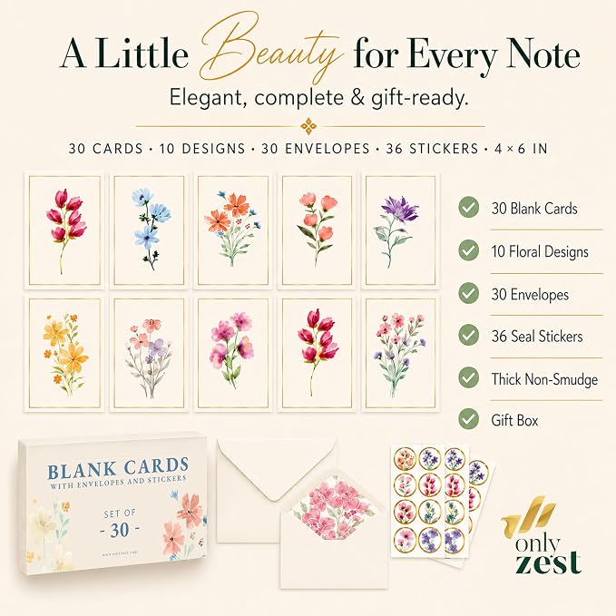30 Premium Blank Cards with Envelopes & Stickers, 4x6 Inches | Elegant Floral Designs, Versatile and Blank Inside, Organized and Gift-Ready, Perfect for Any Occasion