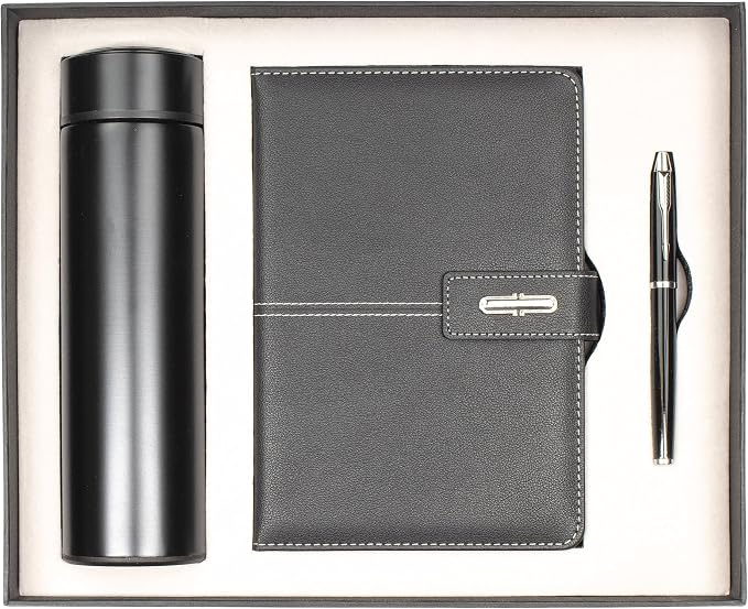 Shadow Breeze A5 Leather Notebook, Insulated Thermos and Executive Pen Gift Set in Premium Gift Box, 172 Pages 100GSM Ruled Pages, 12 oz, Great Gift for Business, School, Home (Black)