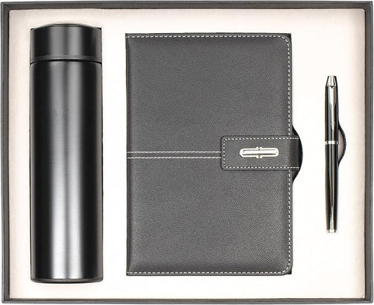 Shadow Breeze A5 Leather Notebook, Insulated Thermos and Executive Pen Gift Set in Premium Gift Box, 172 Pages 100GSM Ruled Pages, 12 oz, Great Gift for Business, School, Home (Black)