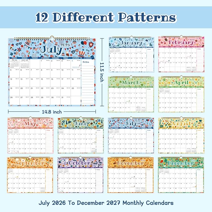 Calendar 2026-2027, 18 Monthly 2026-2027 Wall Calendar July 2026 - December 2027, 14.8" X 11.5", Calendar with Twin-Wire Binding, Hanging Hook, Blocks and Julian Dates (Seasonal Designs)