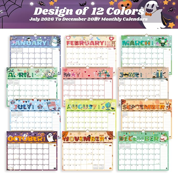 XISIDO 2026-2027 Wall Calendar, Calendar 2026-2027, 18 Month Calendar July 2026 - December 2027, 14.8" X 11.5", Calendar with Twin-Wire Binding, Hanging Hook and Julian Dates (Seasonal Designs)