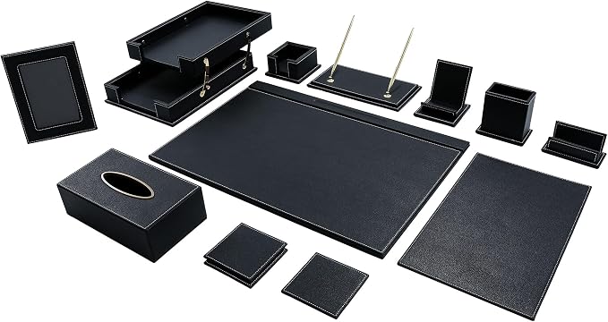 Leather Desk Set, 13-Piece All-in-One – Executive Desk Accessories & Office Supplies, Desk Organizer with Desk Pad & Blotter, 2-Tier Letter Tray, Luxury Office Desk Decor & Boss Gifts (Black)