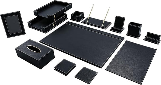 Leather Desk Set, 13-Piece All-in-One – Executive Desk Accessories & Office Supplies, Desk Organizer with Desk Pad & Blotter, 2-Tier Letter Tray, Luxury Office Desk Decor & Boss Gifts (Black)