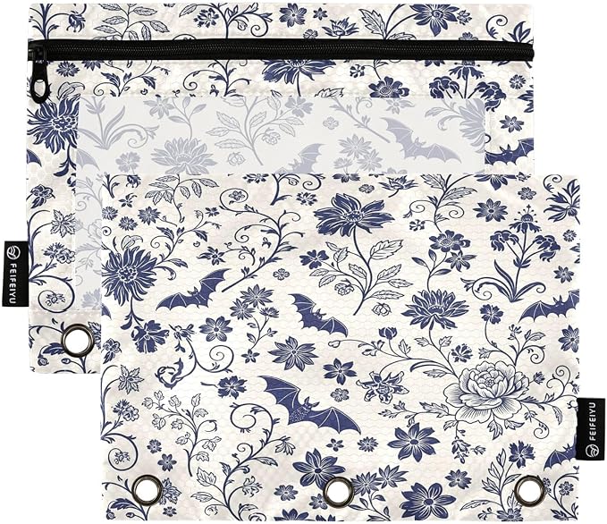 Gredecor 3 Ring Binder Pencil Pouch, Navy Blue Gothic Bat Zippered Pen Case Pouches with Clear Window, 2 Pack Stylish Office & School Supplie