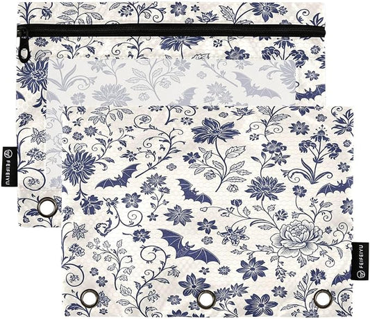 Gredecor 3 Ring Binder Pencil Pouch, Navy Blue Gothic Bat Zippered Pen Case Pouches with Clear Window, 2 Pack Stylish Office & School Supplie