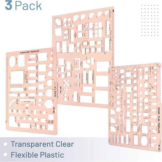 Mr. Pen- House Plan, 3 pcs, Interior Design and Furniture Templates | Clear Flexible Plastic, Drafting Tools, Ruler Shapes for Architecture, 1/4 Inch Scale, Kitchen, Bath, Bedroom, Office