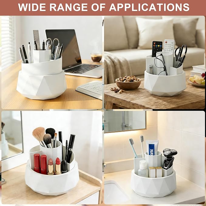 360° Rotating Pen Holder, Large Capacity Pencil Organizer with 4 Compartments for Office and Art Supplies (White)