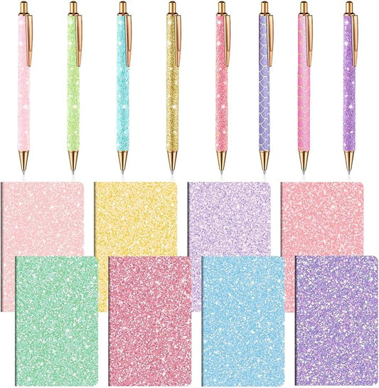 Sayglossy 16 Pack Glitter Pens and Notepads Set 8 Mini Glitter Pocket Notebooks 8 Fancy Sparkly Ballpoint Pens Stationery Gifts for Women Teacher Journaling School Office Supplies (Pastel Color)