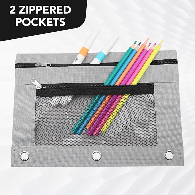 3 Ring Pencil Pouch for Binder, 2-Pocket Zipper Pencil Case with Clear Window & Mesh Pocket, 600D Oxford Fabric Binder Pouch for School Office Supplies, Fits Standard 3-Ring Binders, Grey