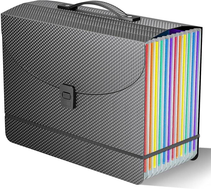 Expanding File Folder/Accordion File Organizer/Portable File Box with 13 Pockets,Fun Storage Filing Folders with Handle,Perfect for Standing and Carrying,A4/Letter Size,Colored Tabs,Black Diamond