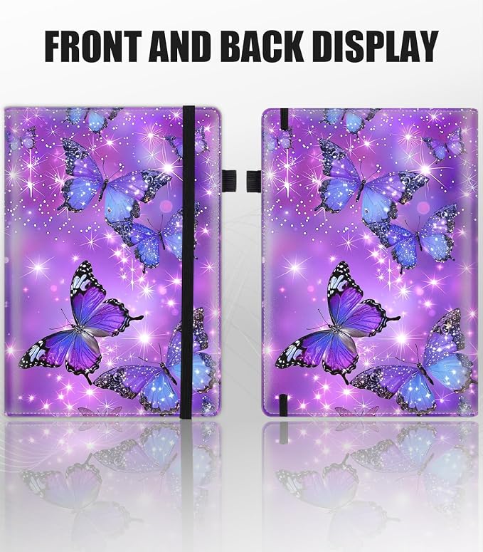 Hardcover Executive Notebooks, A5 PU Leather Lined Journal Notebook, 200 Pages Thick Paper Subject Notebooks for School,Work,Home Writing Business Notebook，Blue Butterfly Purple Background