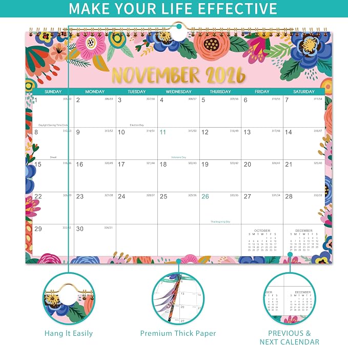 Wall Calendar 2026-2027 - Calendar 2026-2027, JUL. 2026 - Dec. 2027, 18 Monthly Wall Calendar, 15" x 11.5", Wall calendar with Twin-Wire Binding, Hanging Hook, Julian Dates, Thick Paper