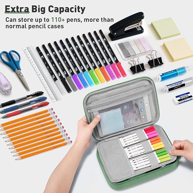Zannaki Large Capacity Pencil Pouch Organizer | Soft Corduroy Pencil Box for Girls Boys Teens | Cute Big Pen Bag with Multiple Zipper Pockets - Pencil Case Storage for Art Supplies & Stationery-Green