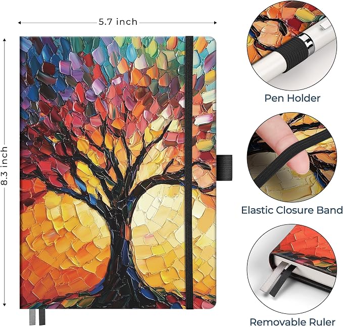 AHGXG Graph Grid Paper Notebook, 192 Pages, A5 Medium Size (5.7'' x 8.3'') | 5 Squares per Inch, Leather Hardcover, 100 GSM Thick Paper, for School, Students, Math, Engineering (Colourful Tree)
