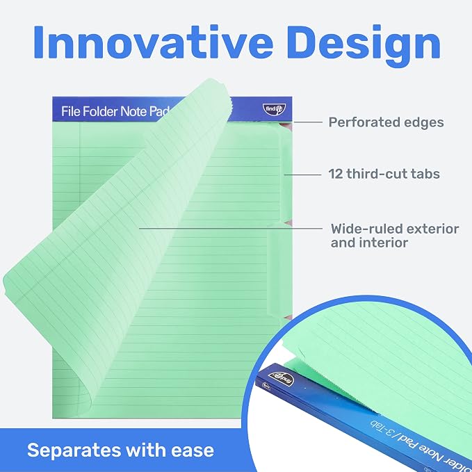 Find It File Folder Notepad - Pack of 12-9.5 x 12.5 Inch Notebook Organizer Folders for Filing, Document, and Clipboard Organization - Green | Wide-ruled clipboard-style pages, tear-out perforated sheets, great for office, home, and school filing organ...