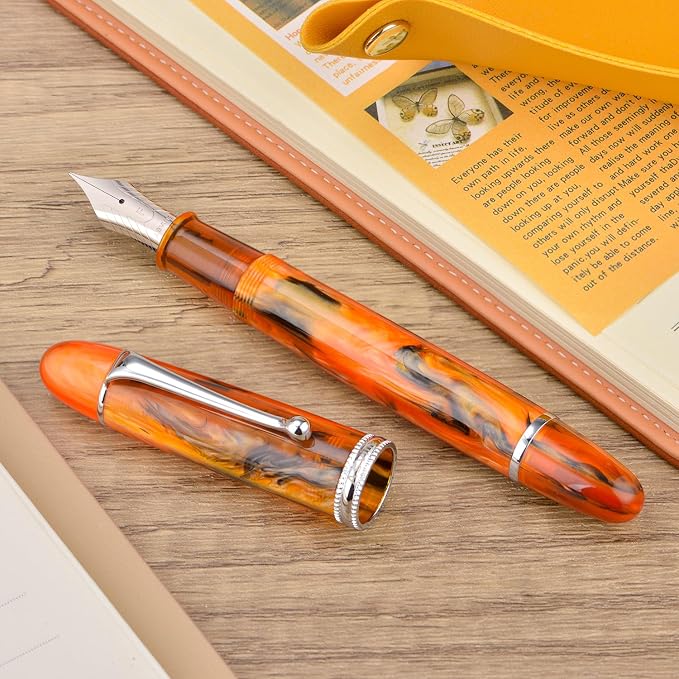 Asvine V800 Fountain Pen – Vacuum Filling System with Large Ink Capacity – Smooth Number 8 Extra Fine Nib with Gift Case and Wrench- Amber Acrylic
