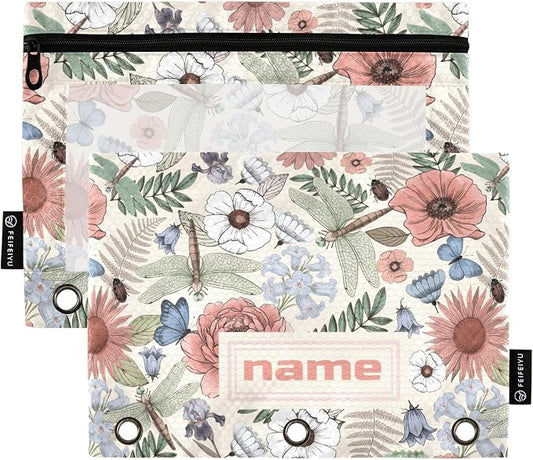 ALAZA Pencil Pouch for 3 Ring Binder, Boho Flowers Dragonflies Custom Binder Pencil Pouches with Clear Window Zipper Pencil Case Cosmetic Bags for Office College Supplies, 2PCS
