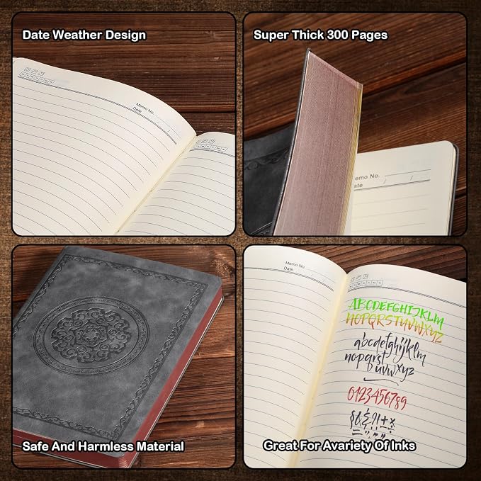 Fetinar 2026 Leather Vintage Journal Notebook,300 Pages,Leather Softcover Lined Journal Notebooks for Women Men,Notebook Journals for Writing Travel,Business,Office,Grey