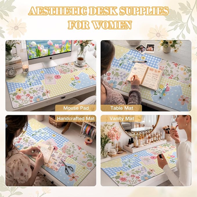 iCasso Aesthetic Checkered Desk Mat with Floral Design, XXL Mouse Pad and Keyboard Mat, Cute Flower Mousepad for Grily Desktop Decor, Office Home Laptop Accessories（Butter Yellow