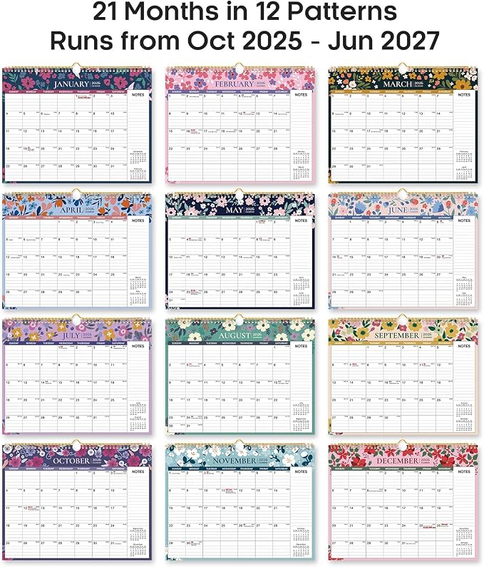 Calendar 2026-2027, 21-Month Wall Calendar Runs Until Jun 2027, 11.5" x 14.7",Large Monthly Calendar with Twin-Wire Binding, Perfect for Home or Office -Twilight Petals