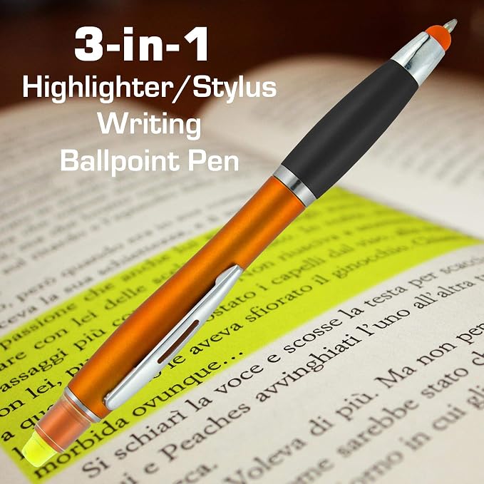 SyPen Bible Highlighter with Pen and Stylus for Touchscreens, 3 in 1 Combo, All Yellow Highlighters, All Black Ballpoint Ink, Wax Gel Highlighters, Multi-Color Barrels, Pack of 6