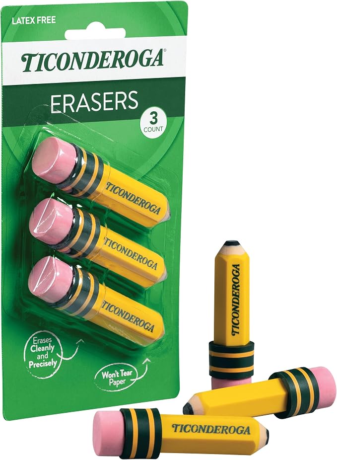 TICONDEROGA ® Erasers, Pencil Shaped, Yellow, 3 ct (38953) | Yellow, 0.75" x 2.875", #38953