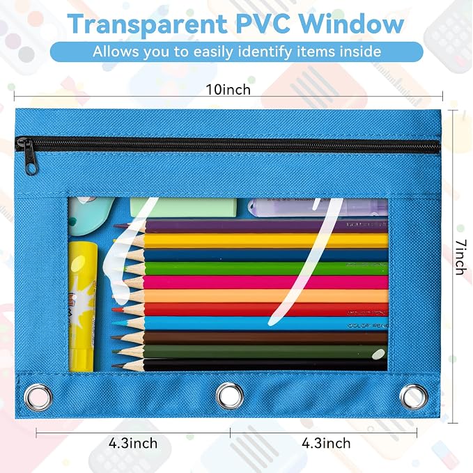 Pencil Pouch for 3 Ring Binder, Bulk 288 Pack 3-Holes Zipper Pencil Pouches in Assorted Colors, Sturdy and Durable Cloth Pencil Holder with Clear Window for Office School College Supplies