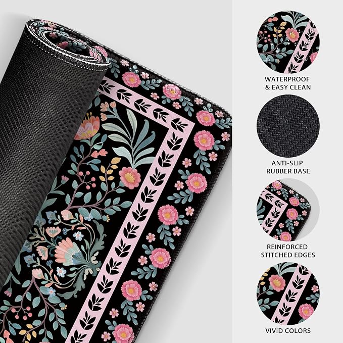 Black Floral Desk Mat, 31.5"x15.7" Large Mouse Pad, Anti-Slip Rubber Base Mousepad, Keyboard Pad with Stitched Edges, Water-Resistant Smooth Desk Blotter, Computer Mat for Home Office Desk