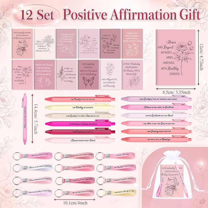 Mooliwe 12 Set Positive Affirmation Gift Set Gratitude Notebooks with Pens Keychains Small Bags Motivational Party Favors for Adult Women Coworkers Employee Group (Pink)