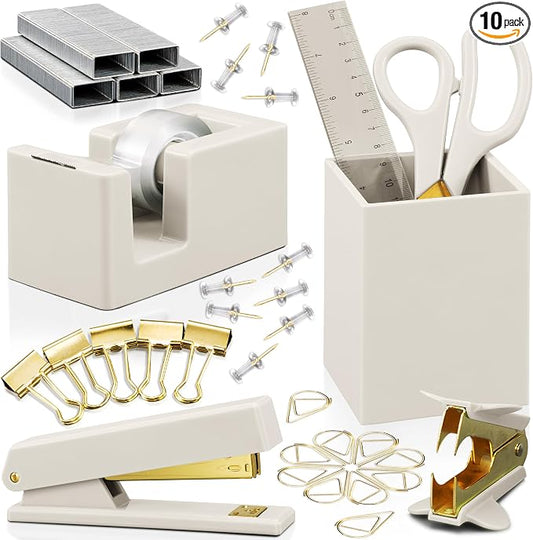 Aesthetic Desk Accessories Set - A Complete Desktop Organizer Set For Women Enhances Any Office Decor - An Office Supplies Kit w Gold Finish incl. Pen Holder, Scissors, Stapler, Tape Dispenser & More
