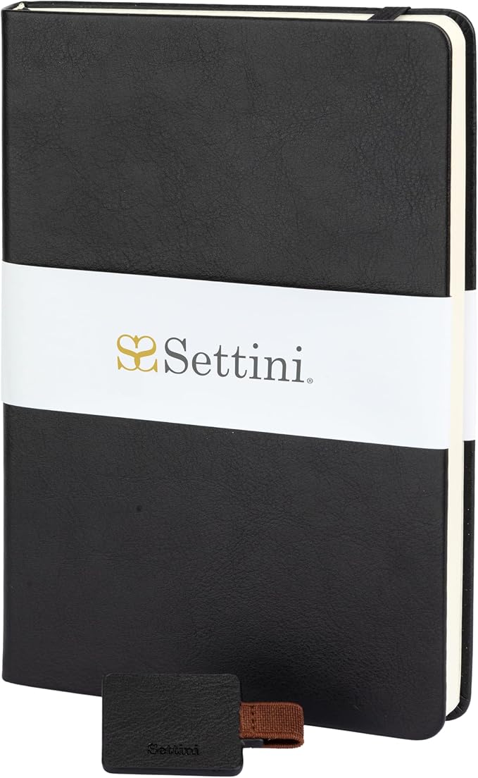 SETTINI® Hardcover Lined Journal Notebook A5 120 GSM Lay-Flat, Onyx Black | lay-flat binding, 120 GSM thick paper, A5, lined, ribbon bookmark, elastic closure, for men